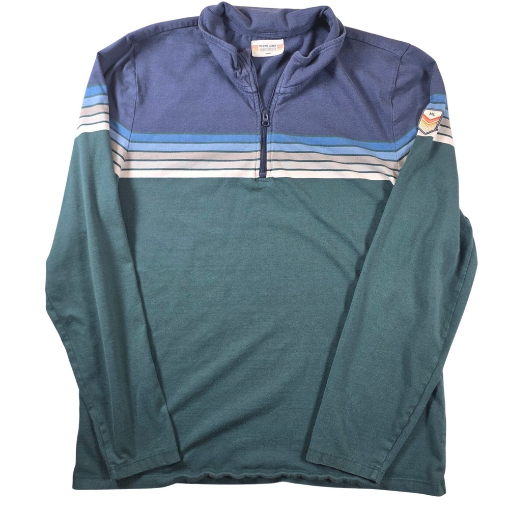 Marine Layer Archive Quarter Zip Men Medium Green Blue Striped 14822